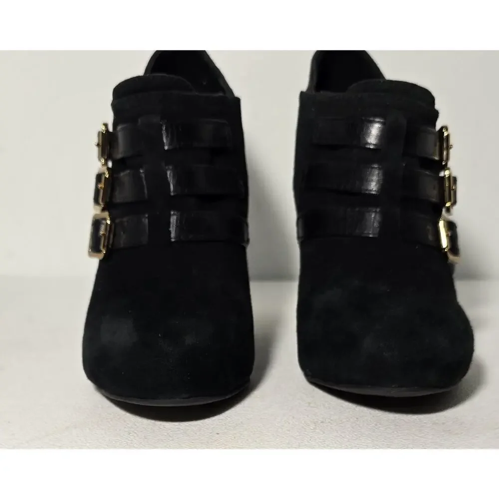 Tory Burch Womens Gabrielle Black Suede Wedge Ankle Boots Buckles 9 M